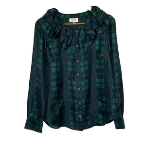 Women's Medium J.Crew Collection Silk Twill Ruffle Collar Watch Green Plaid